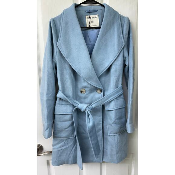 Allegra K light blue double breasted coat winter jacket long with belt NWT Small - Picture 1 of 9